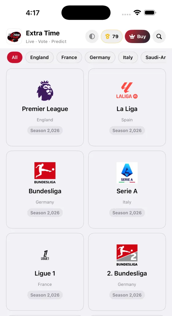 Competitions screen built on the APINEX football API
