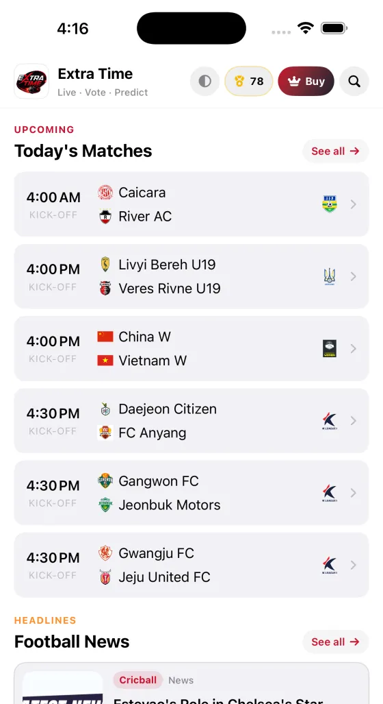 Today's matches screen built on the APINEX football API