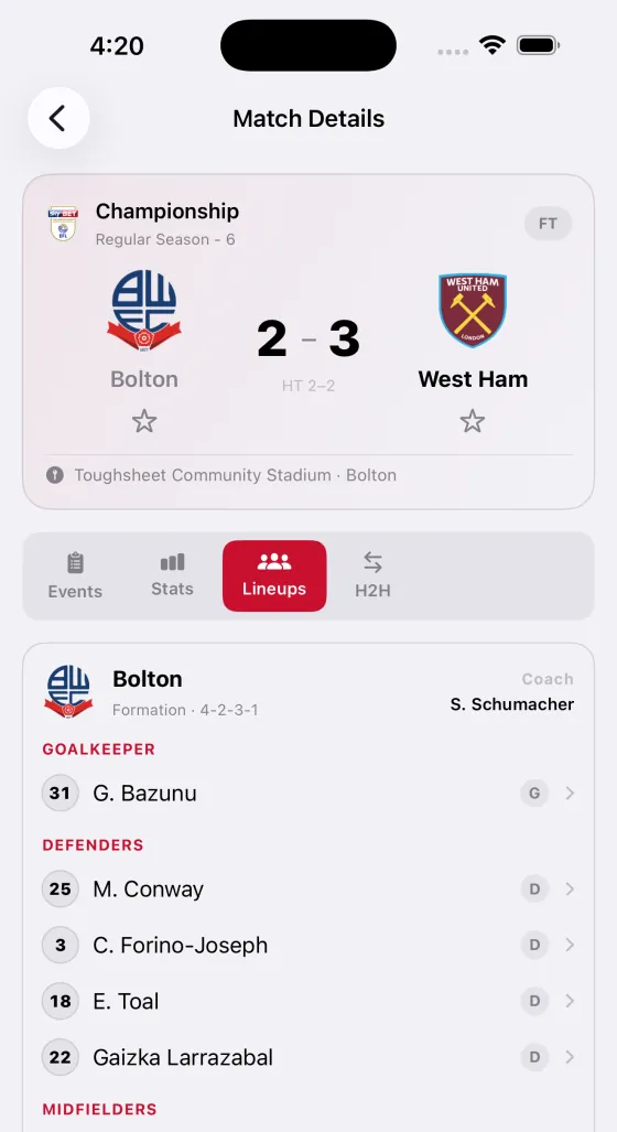 Lineups screen built on the APINEX football API