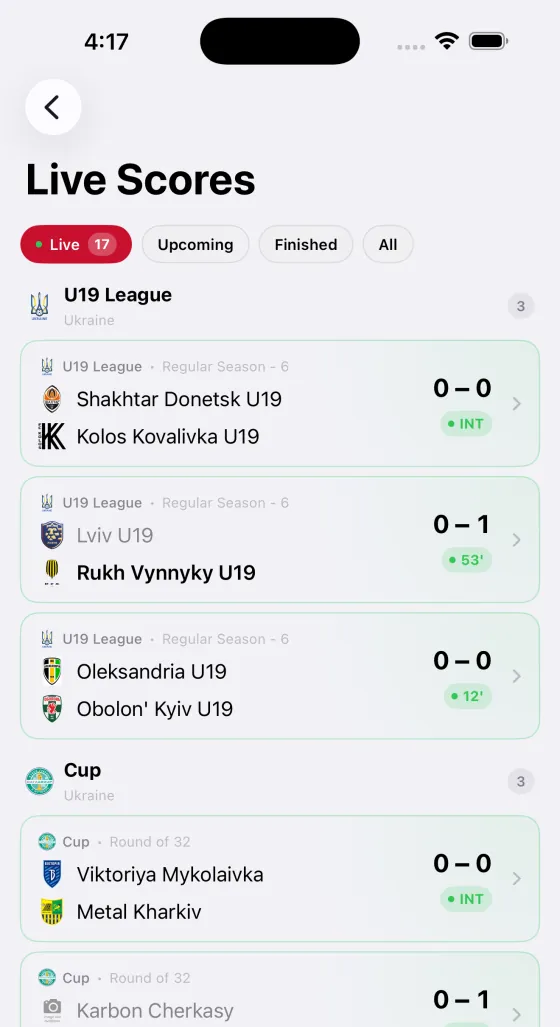 Live scores screen built on the APINEX football API