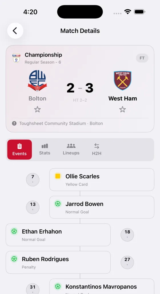 Match timeline screen built on the APINEX football API